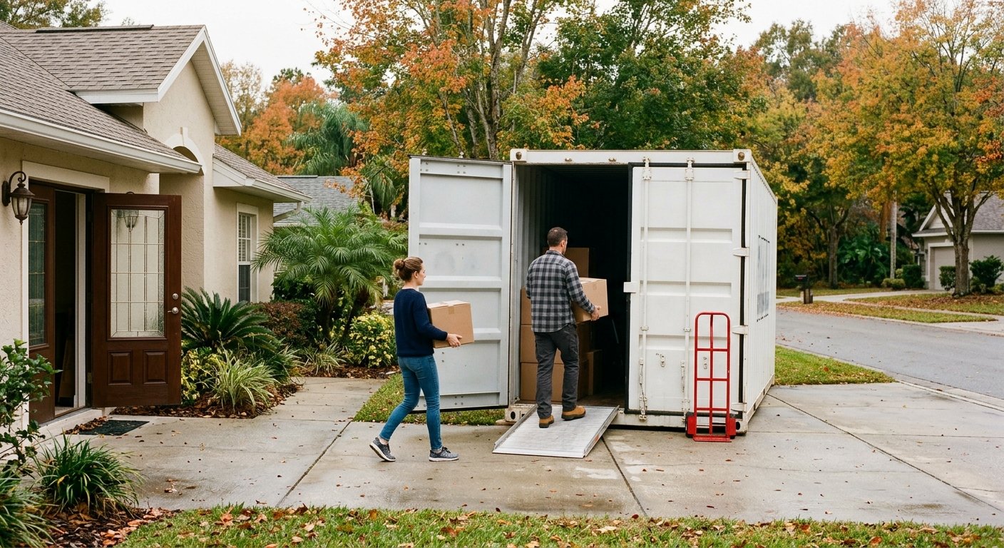 Two people carrying boxes from a house directly into a portable storage container parked in the driveway on an autumn afterno