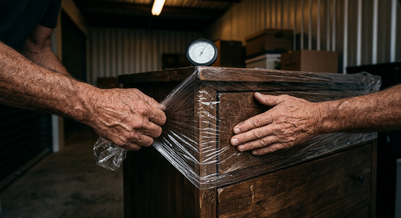 Hands wrapping plastic moisture barrier around a wood furniture corner inside a storage unit, with a hygrometer visible nearb
