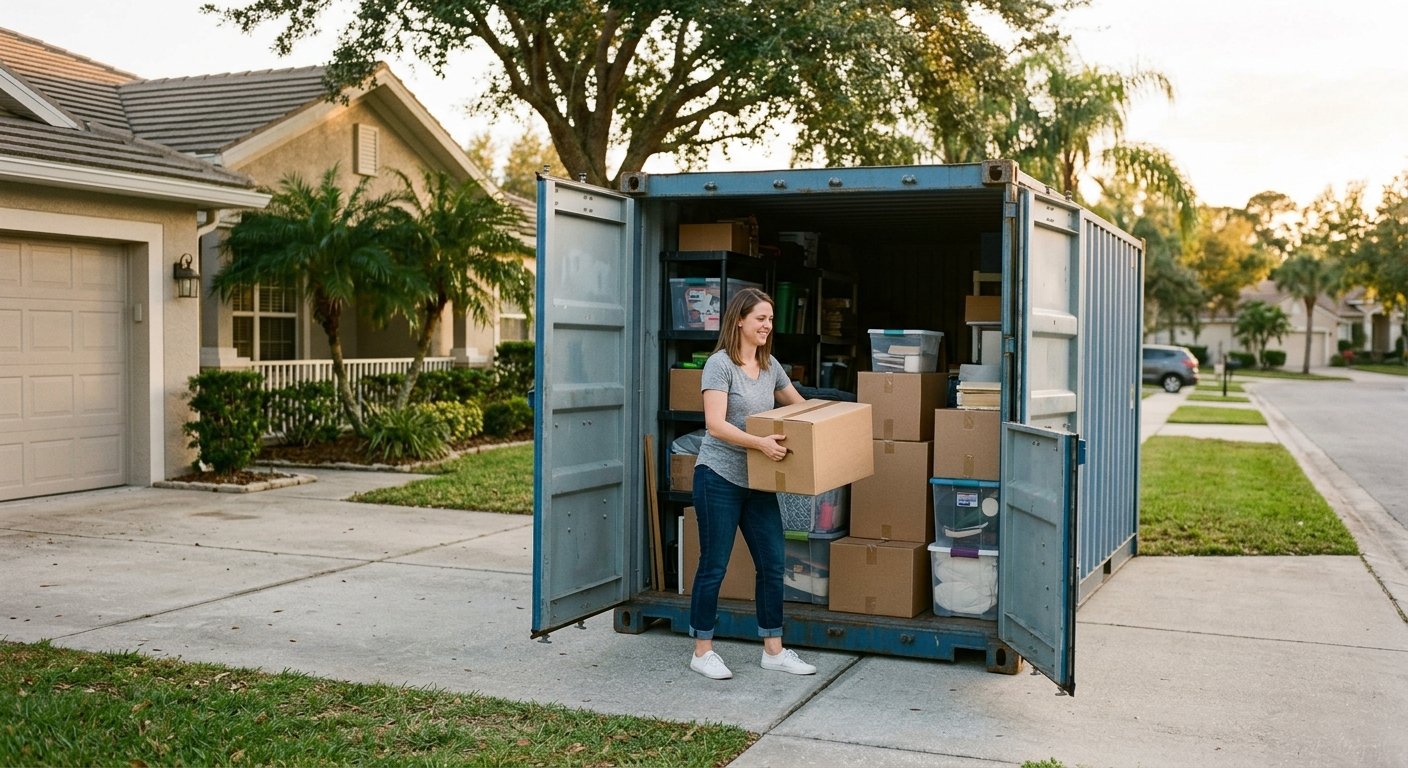 Woman retrieving a box from a portable storage container parked in a residential driveway on a sunny afternoon