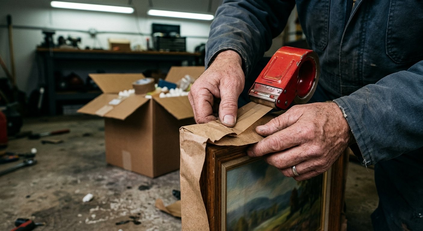 Weathered hands wrapping a framed picture in brown packing paper beside a cardboard box and tape dispenser on a garage floor