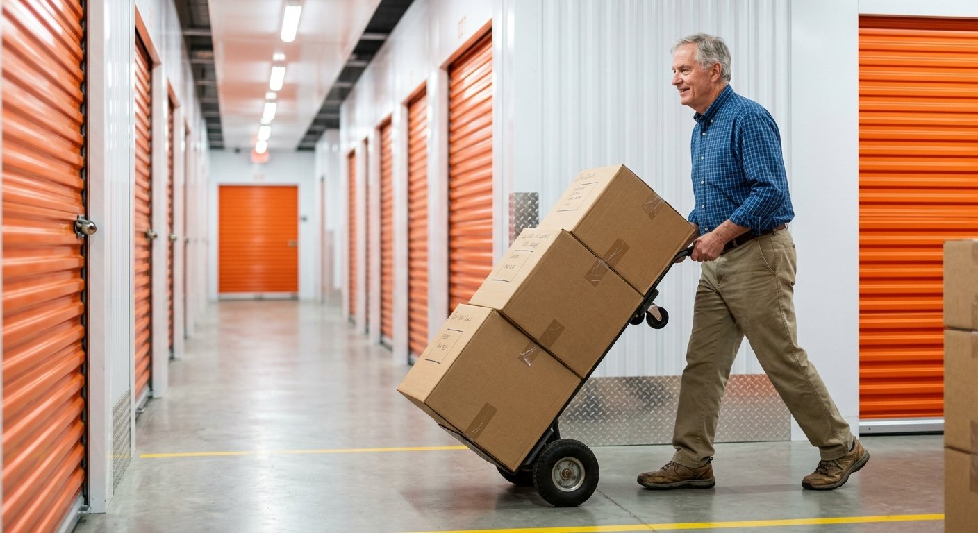 Older man in button-down shirt pushing a dolly of labeled boxes through a self-storage facility corridor, orange unit doors b
