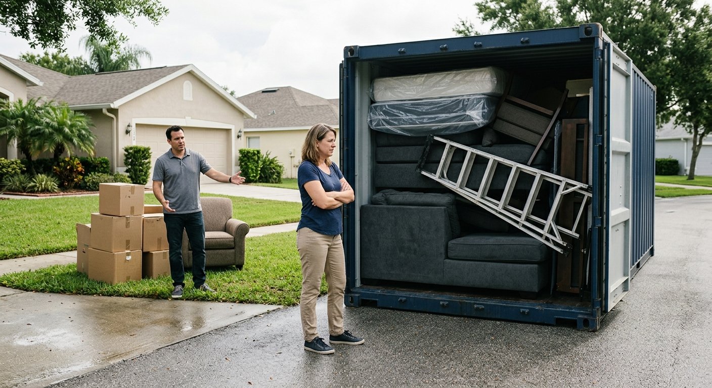 Woman and man outside a nearly full storage container on a driveway, with bulky furniture inside and unpacked boxes still on 