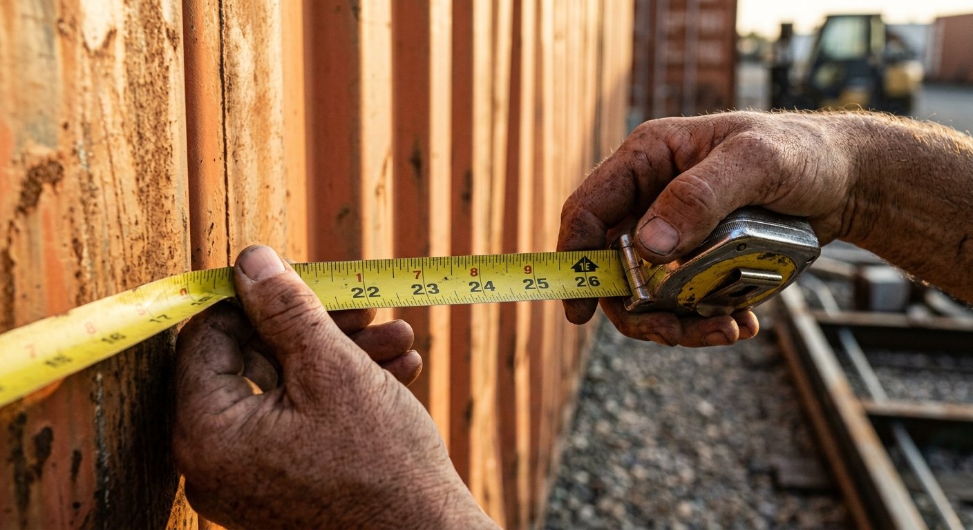 Weathered hands stretching a yellow tape measure across a corrugated orange storage container wall in late afternoon light