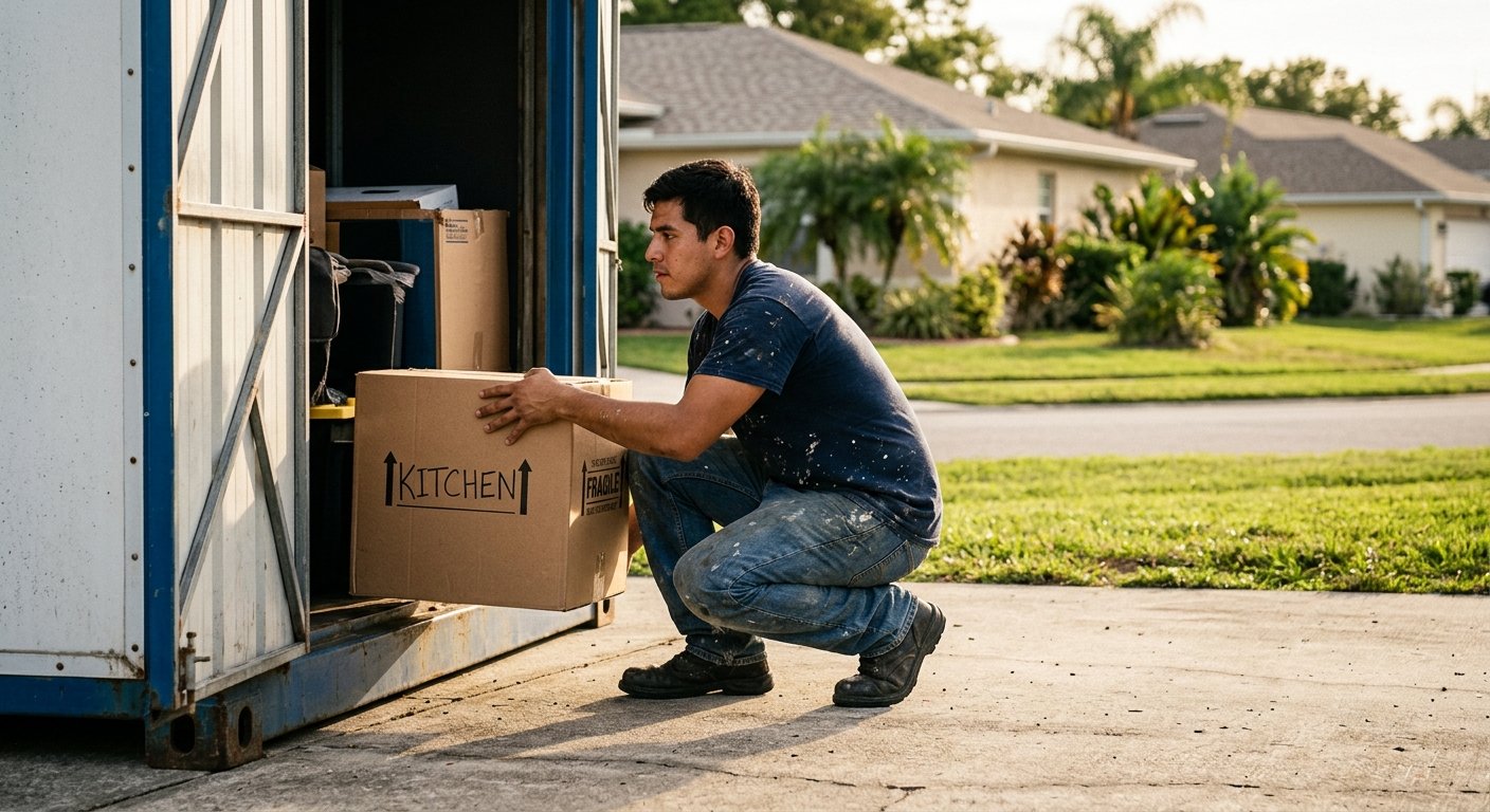 Young man crouching on a driveway slides a labeled box into an open portable storage unit during a home renovation, late afte