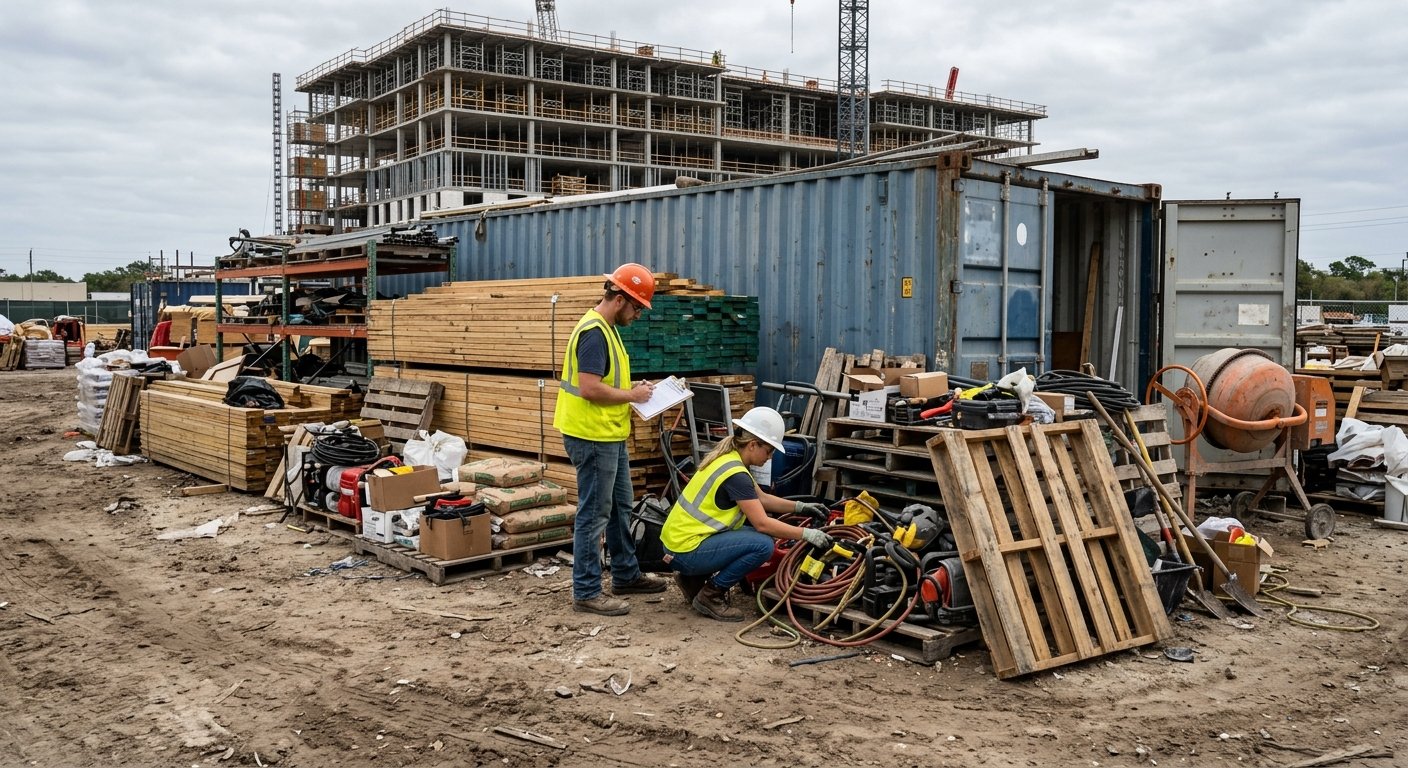 Two construction workers searching through a cluttered outdoor storage area next to a metal container on an active job site