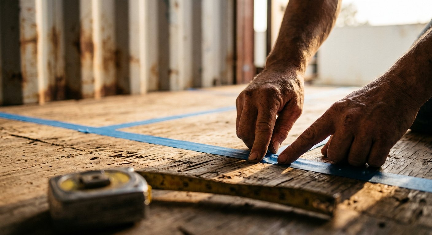 Weathered hands pressing blue tape onto a plywood container floor to mark storage zones, measuring tape curled nearby