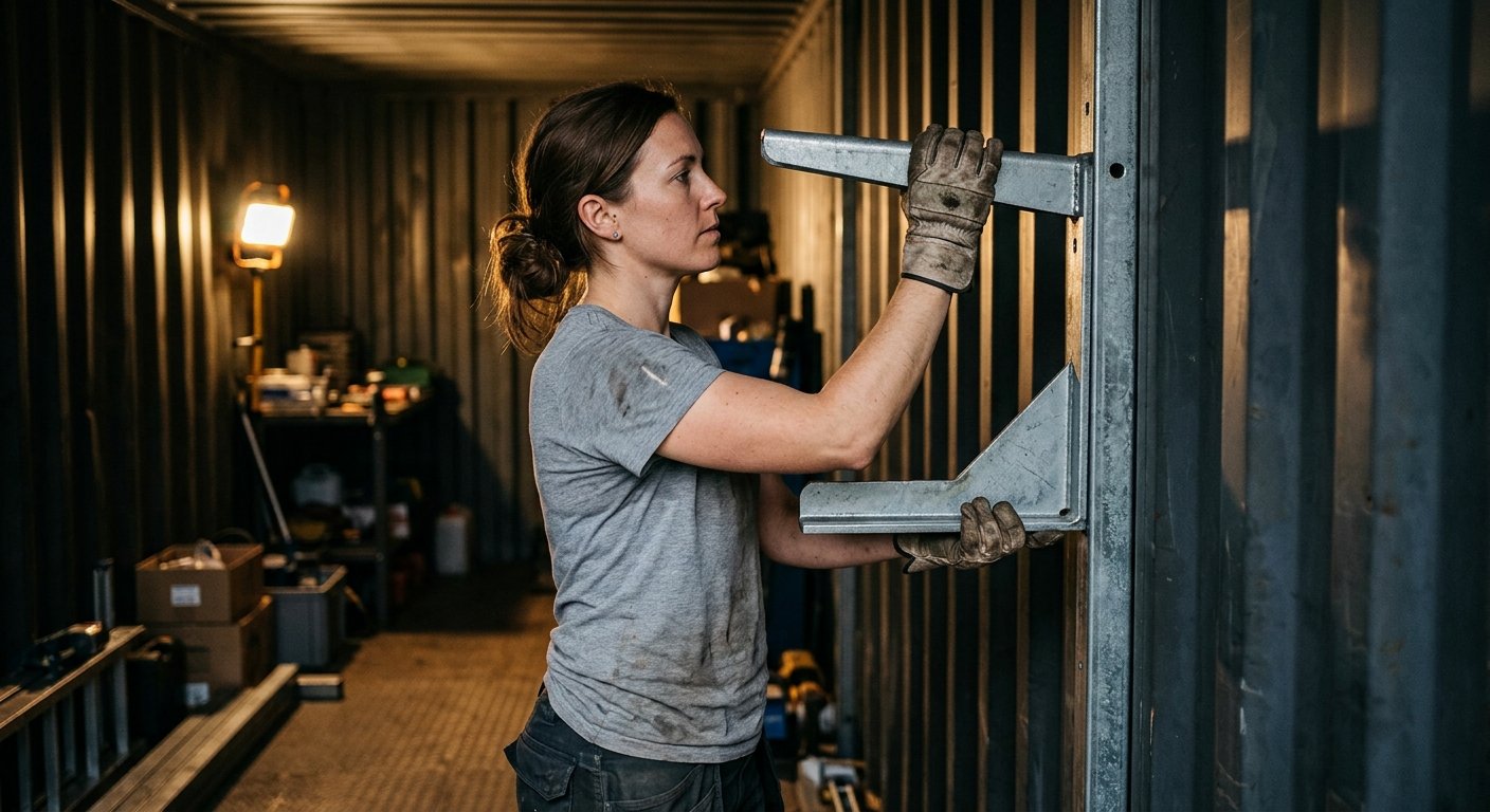 Woman in work gloves mounting a heavy metal shelf bracket onto the corrugated steel wall inside a storage container