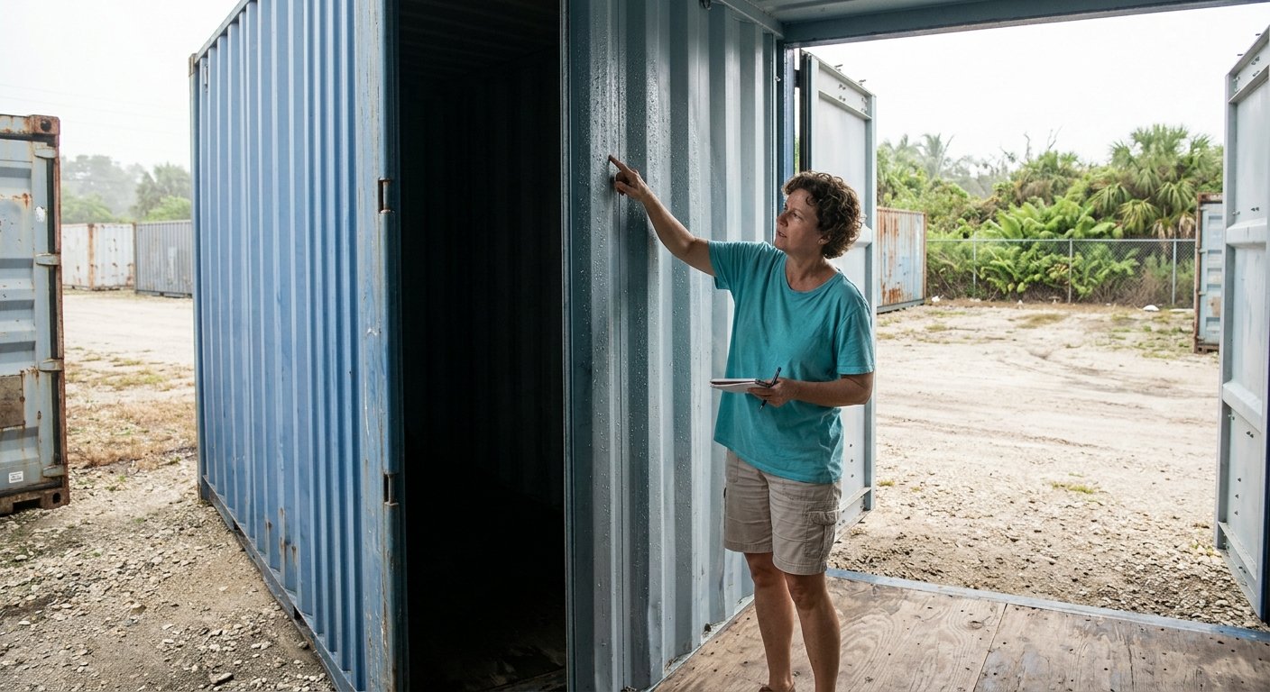 Woman standing at open metal storage container door examining condensation dripping down the corrugated steel interior wall o