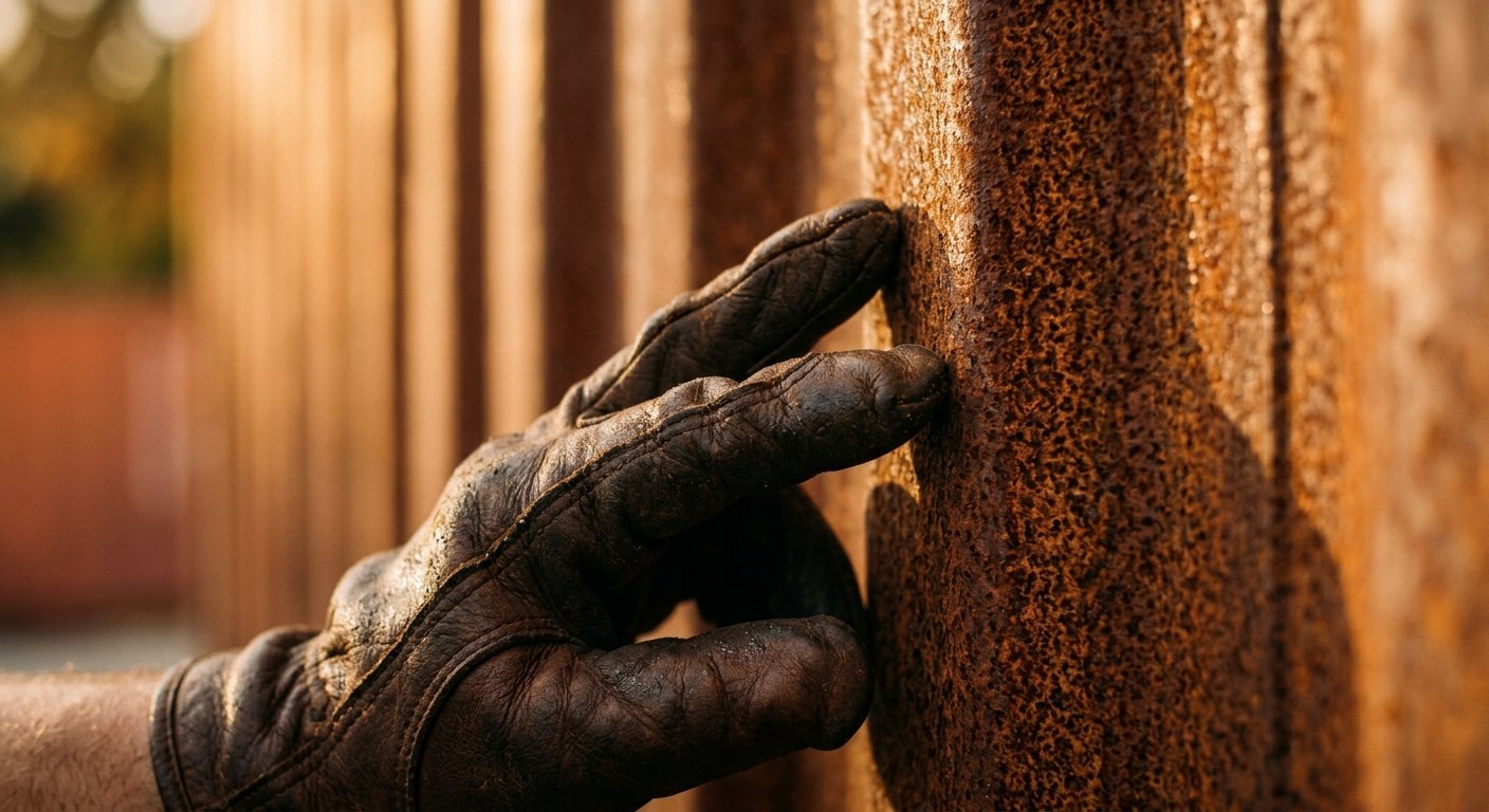 Gloved hand touching the dense orange-brown patina on a corrugated corten steel wall in raking afternoon sunlight