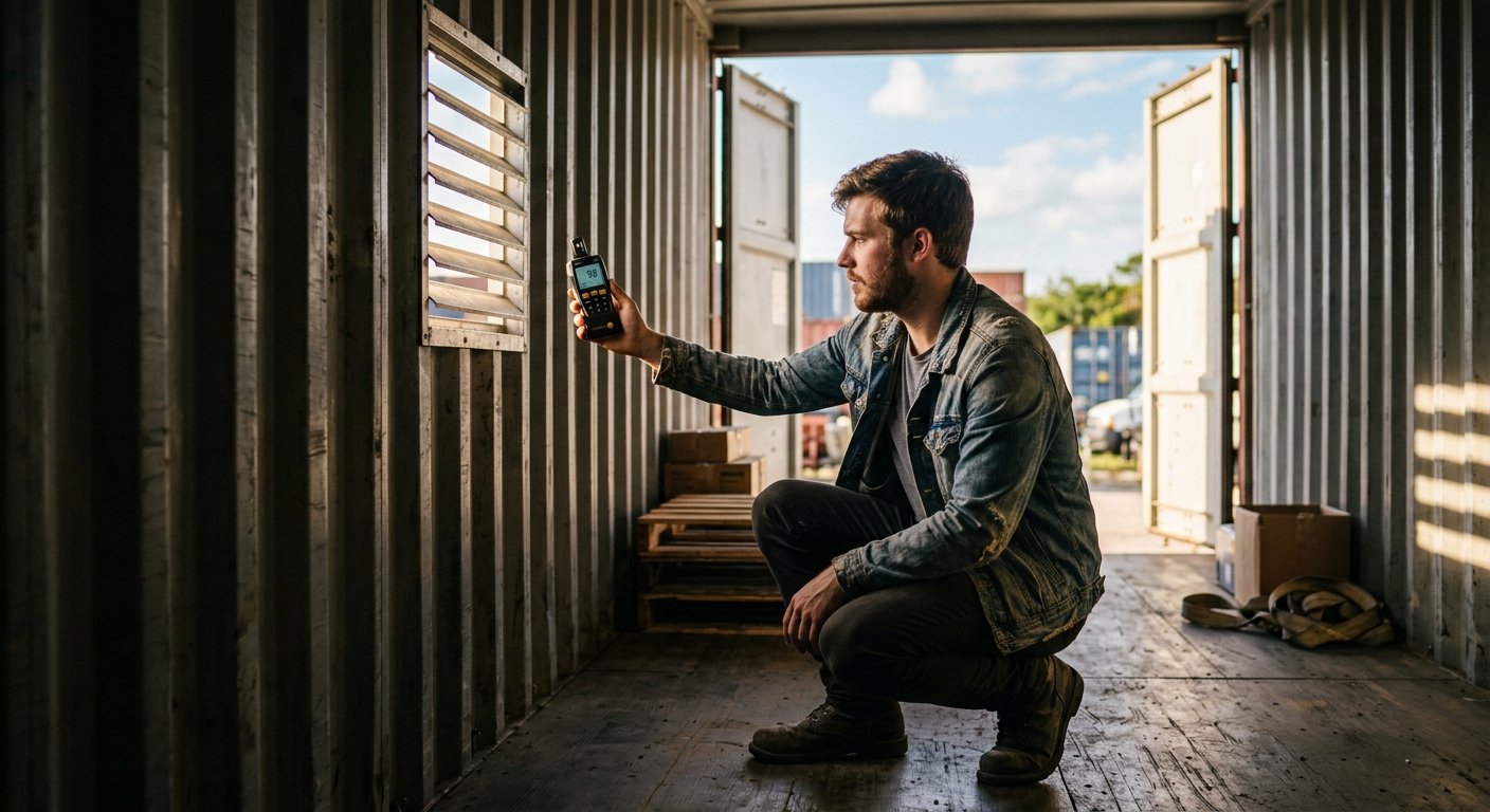 Young man crouching inside a shipping container, holding an anemometer near an upper louvered vent in warm afternoon light.