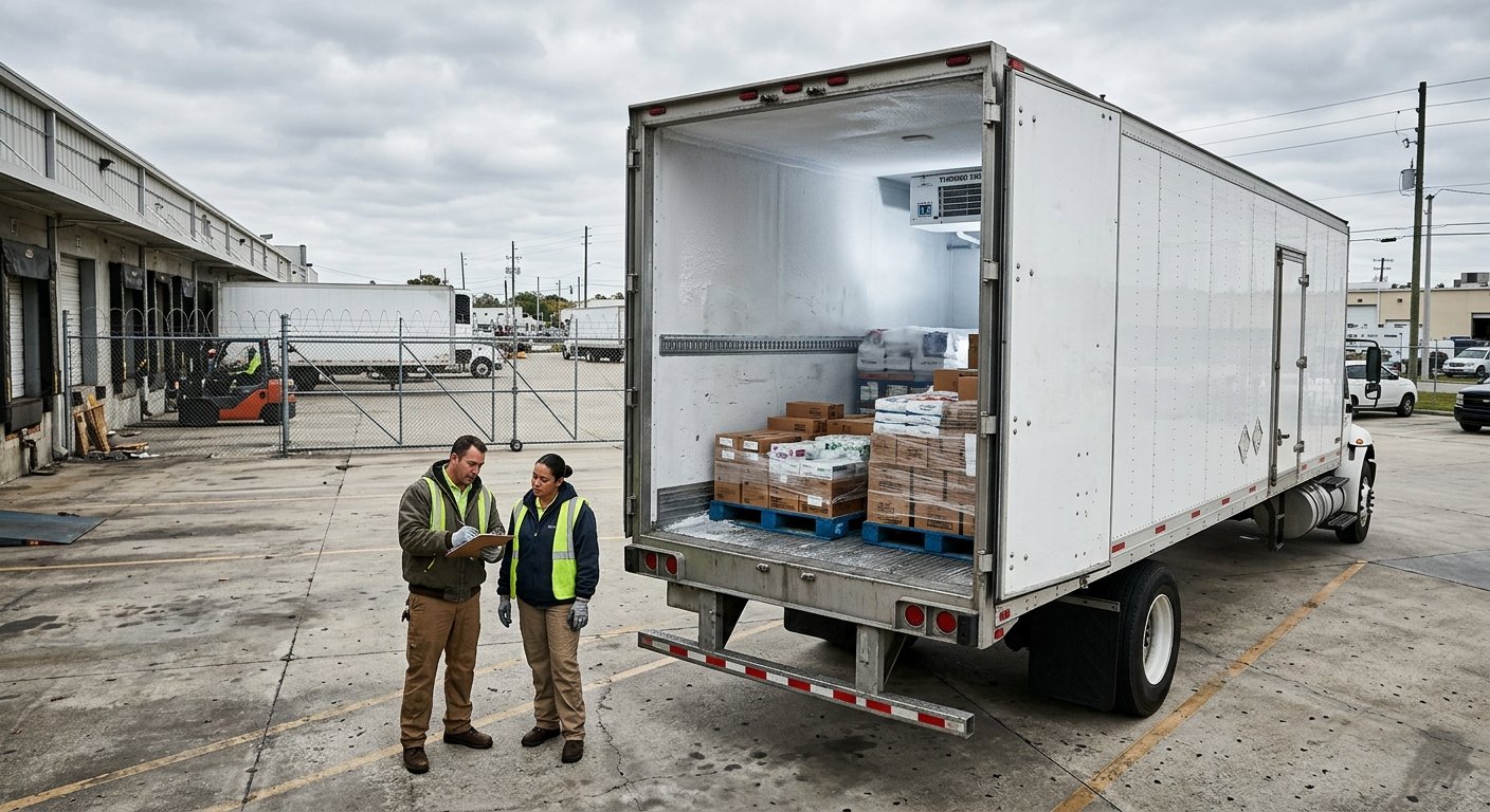 Two workers with a clipboard stand beside the open rear doors of a large refrigerated trailer in a concrete distribution yard