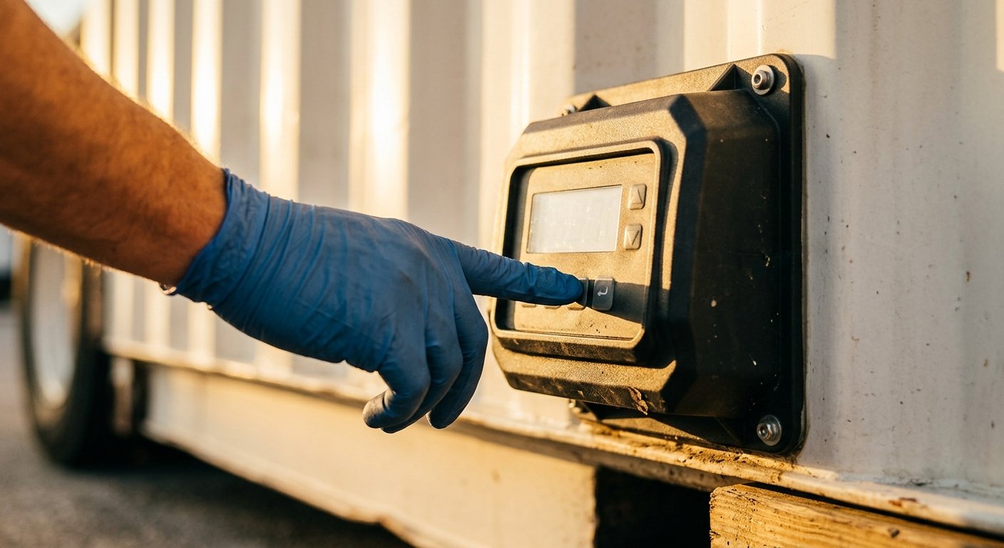 Gloved hand pressing buttons on a digital temperature control panel mounted on a ground-level portable cold storage unit