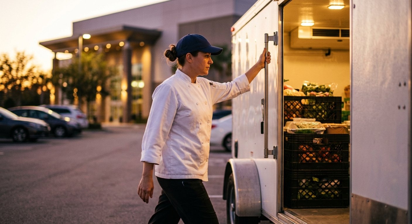 Caterer in chef's coat reaching into open reefer trailer at dusk outside an event venue, checking refrigerated food inventory